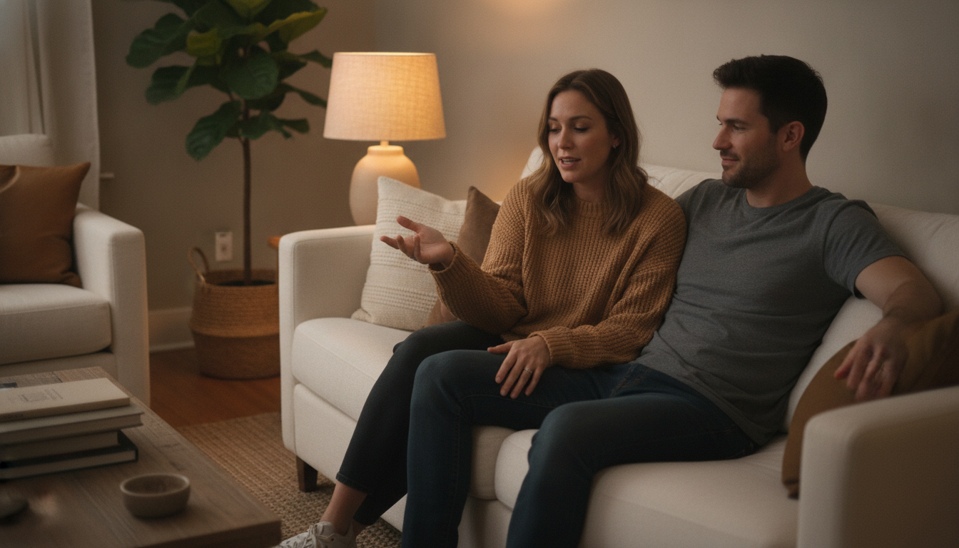 Paar führt ruhiges Gespräch auf dem Sofa, offene Körpersprache ohne Vorwürfe