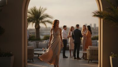 Frau beobachtet elegante Gäste auf Dachterrasse vor dem Betreten der Gesellschaft